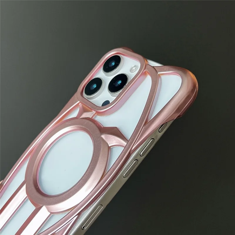 For iPhone 16 Pro Matte Case Compatible with MagSafe Frameless Electroplated Hollow Design TPU Phone Cover - Pink