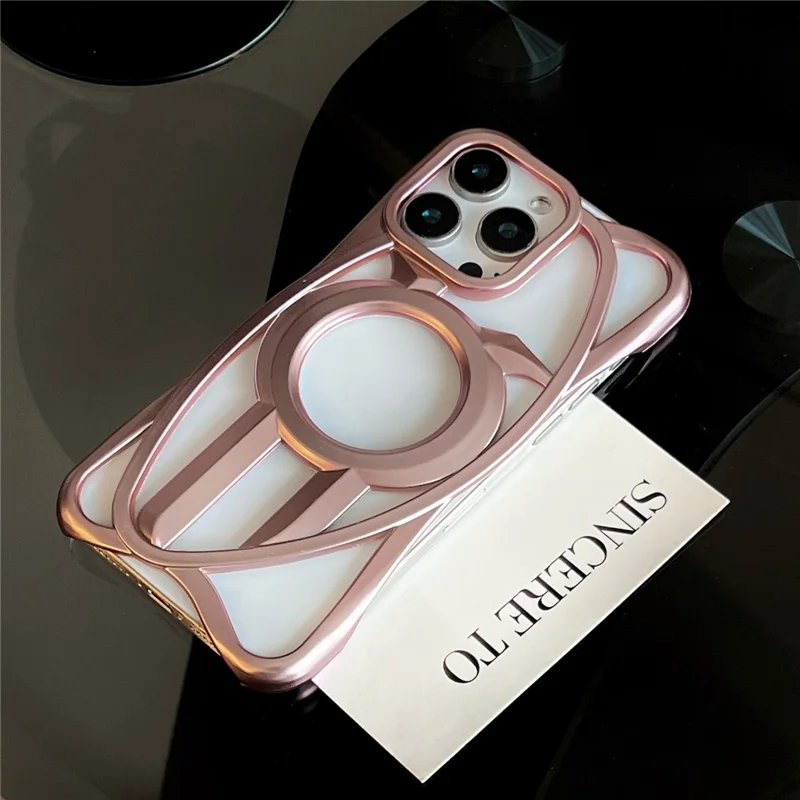 For iPhone 16 Pro Matte Case Compatible with MagSafe Frameless Electroplated Hollow Design TPU Phone Cover - Pink