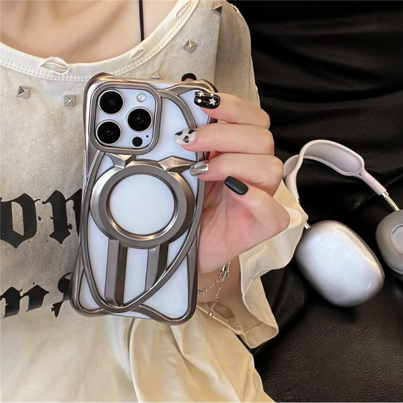 For iPhone 16 Pro Max Matte Case Compatible with MagSafe Frameless Electroplated Hollow Design TPU Phone Cover - Grey