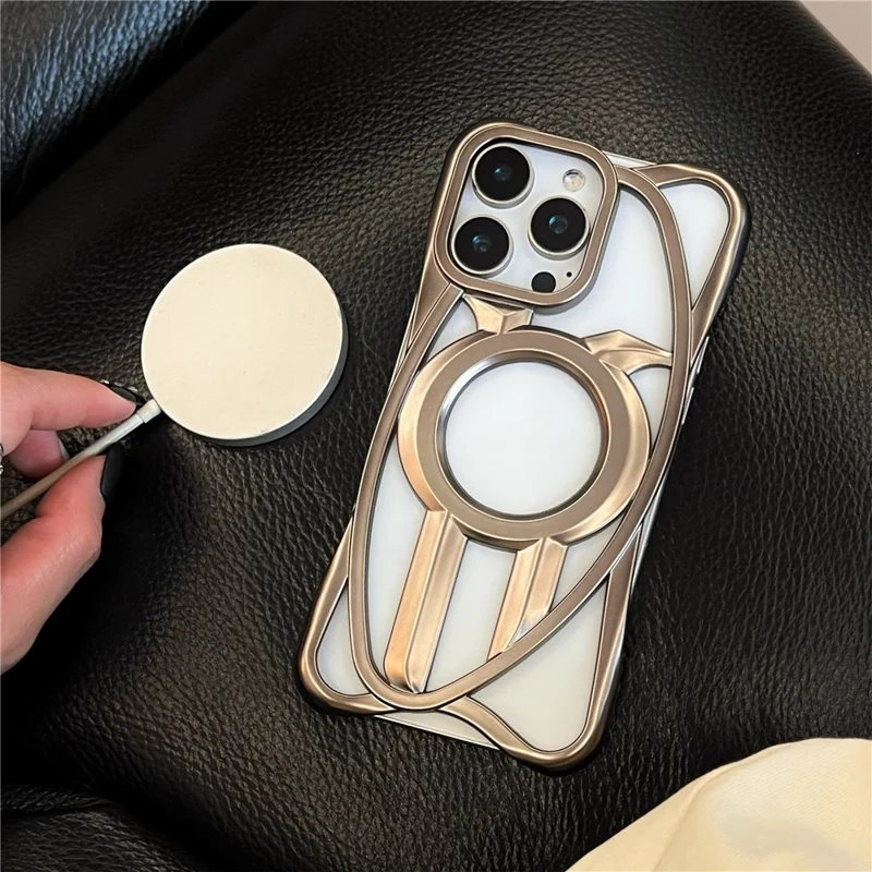 For iPhone 16 Pro Max Matte Case Compatible with MagSafe Frameless Electroplated Hollow Design TPU Phone Cover - Grey