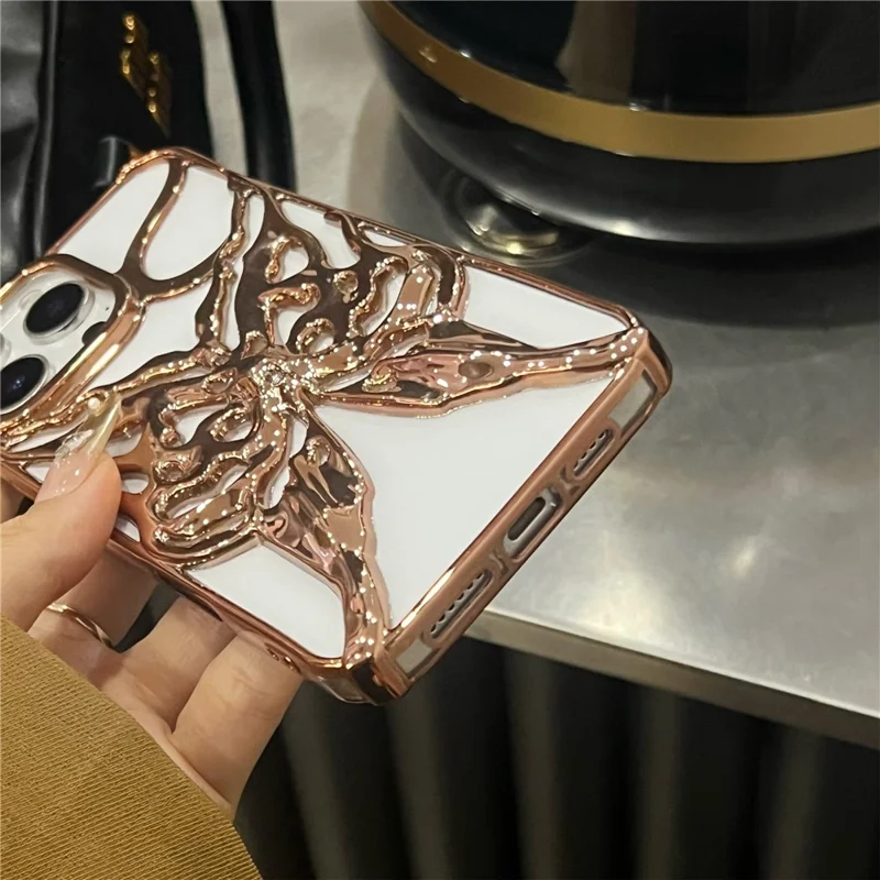 For iPhone 16 Pro Max Case Electroplated Hollow Butterfly Pattern Creative Design TPU Phone Cover - Gold