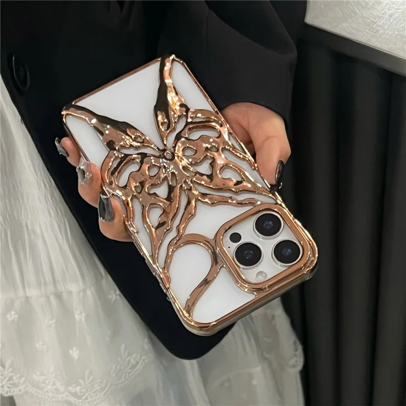 For iPhone 16 Pro Max Case Electroplated Hollow Butterfly Pattern Creative Design TPU Phone Cover - Gold