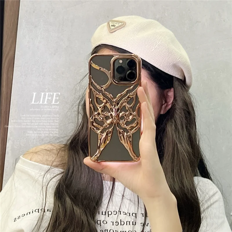 For iPhone 16 Pro Max Case Electroplated Hollow Butterfly Pattern Creative Design TPU Phone Cover - Gold
