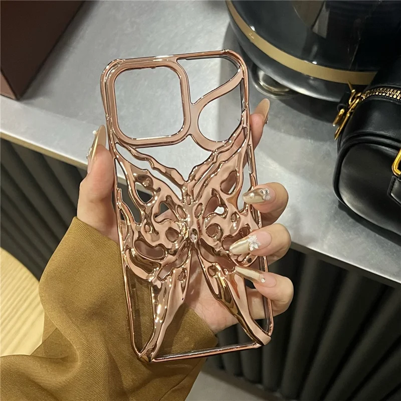 For iPhone 16 Pro Max Case Electroplated Hollow Butterfly Pattern Creative Design TPU Phone Cover - Gold