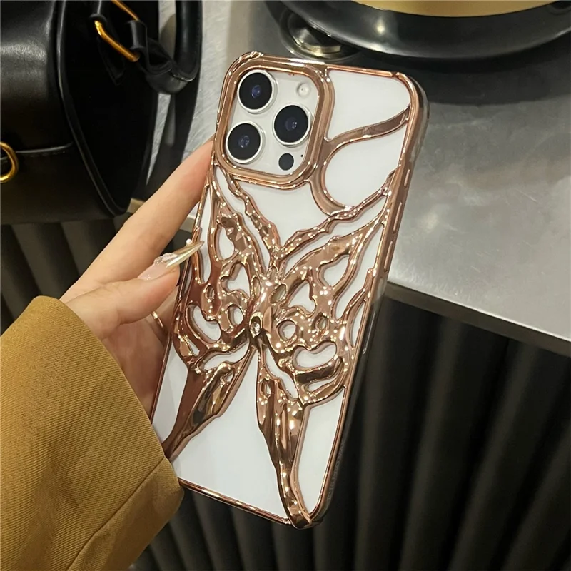 For iPhone 16 Pro Max Case Electroplated Hollow Butterfly Pattern Creative Design TPU Phone Cover - Gold