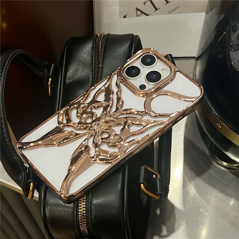 For iPhone 16 Pro Max Case Electroplated Hollow Butterfly Pattern Creative Design TPU Phone Cover - Gold