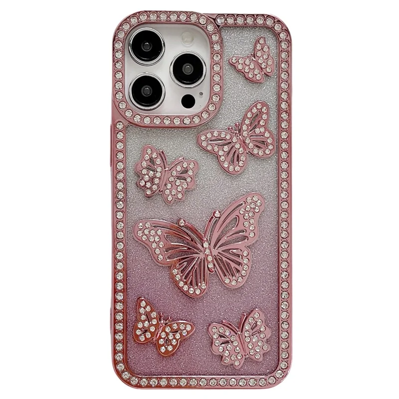 Custodia per iPhone 15 Pro Decorazione in Strass a Farfalla Morbida Copertura in TPU - Rosa