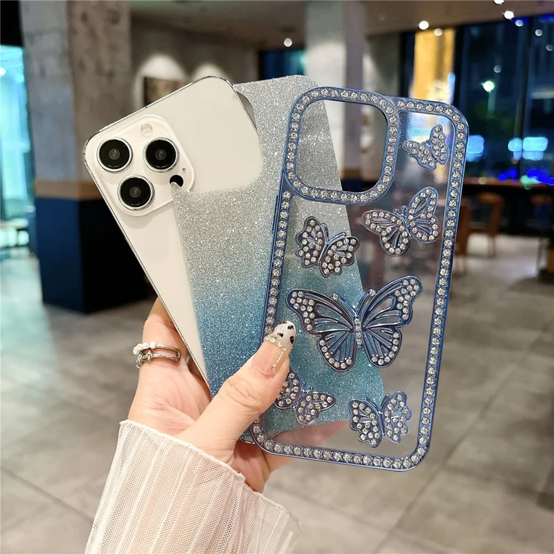 Custodia per iPhone 15 Pro Decorazione in Strass a Farfalla Morbida Copertura in TPU - Rosa