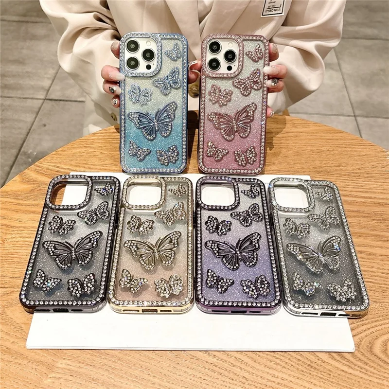 Custodia per iPhone 15 Pro Decorazione in Strass a Farfalla Morbida Copertura in TPU - Rosa