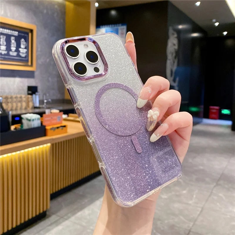 Für iPhone 16 Pro Max Hülle TPU + Acryl Glitzer Magnetische Handyhülle kompatibel mit MagSafe - Lila