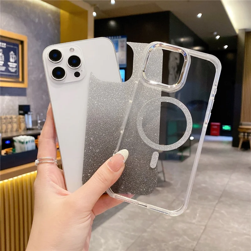 For iPhone 16 Pro Max Case TPU + Acrylic Glitter Magnetic Phone Cover Compatible with MagSafe - Silver
