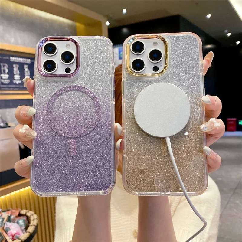 For iPhone 16 Pro Max Case TPU + Acrylic Glitter Magnetic Phone Cover Compatible with MagSafe - Silver