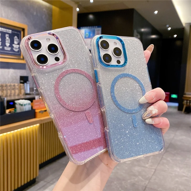 For iPhone 16 Pro Max Case TPU + Acrylic Glitter Magnetic Phone Cover Compatible with MagSafe - Silver
