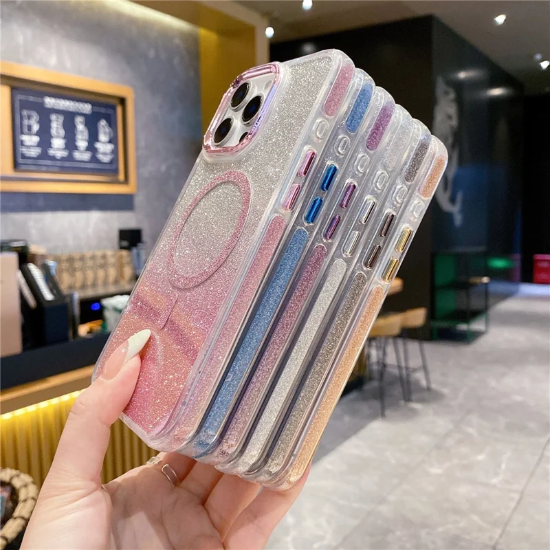 For iPhone 16 Pro Max Case TPU + Acrylic Glitter Magnetic Phone Cover Compatible with MagSafe - Silver