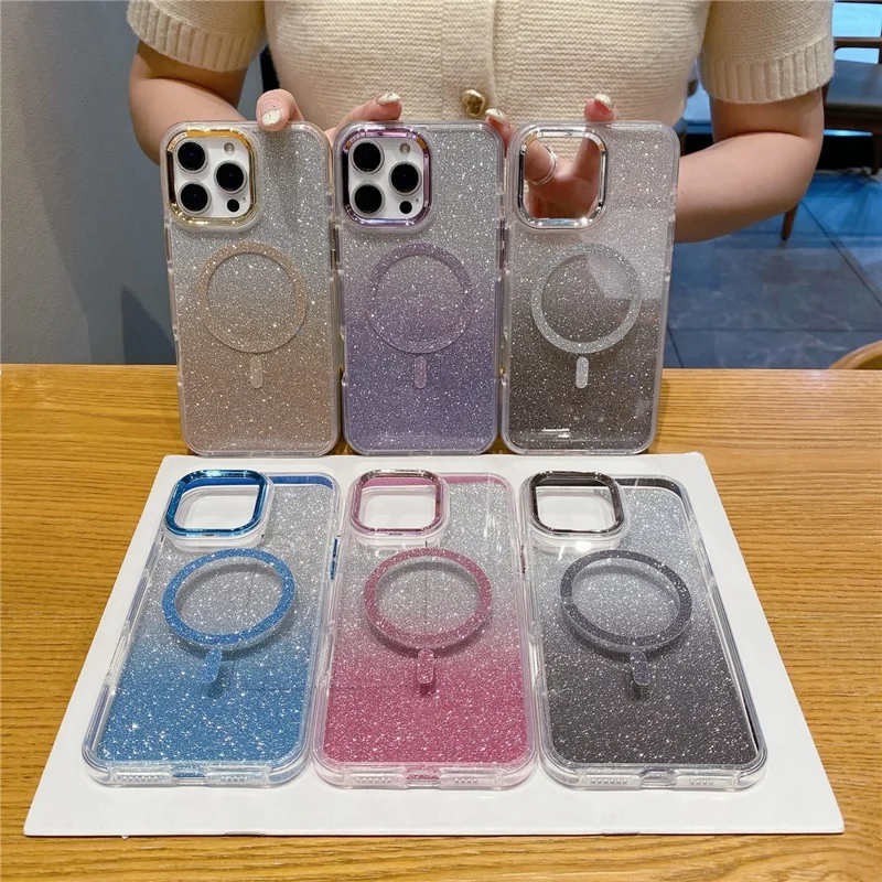 For iPhone 16 Pro Max Case TPU + Acrylic Glitter Magnetic Phone Cover Compatible with MagSafe - Silver
