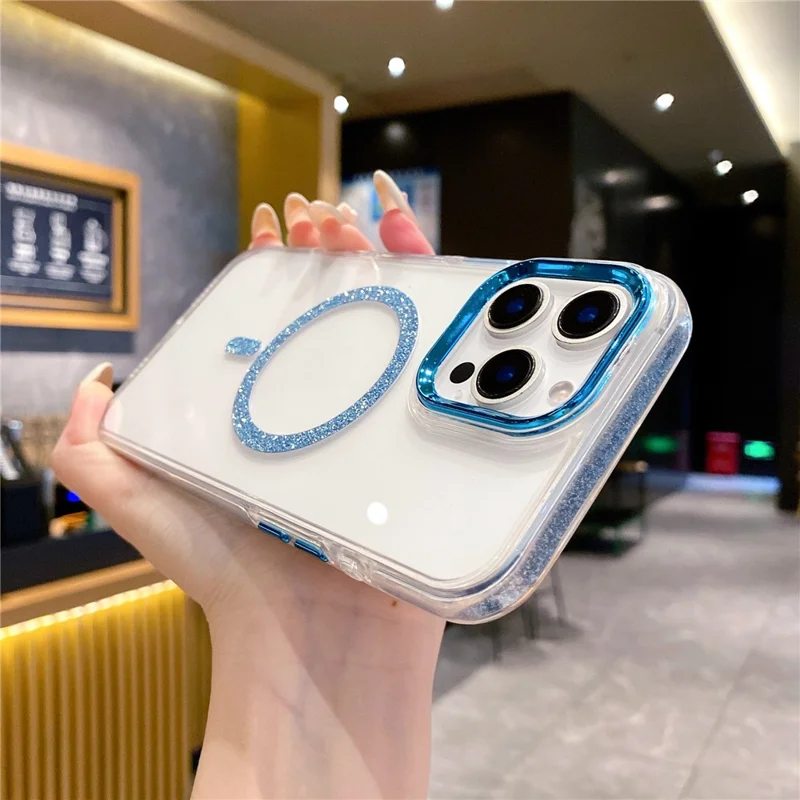 For iPhone 16 Pro Max Clear Case TPU + Acrylic Glitter Phone Cover Compatible with MagSafe - Blue