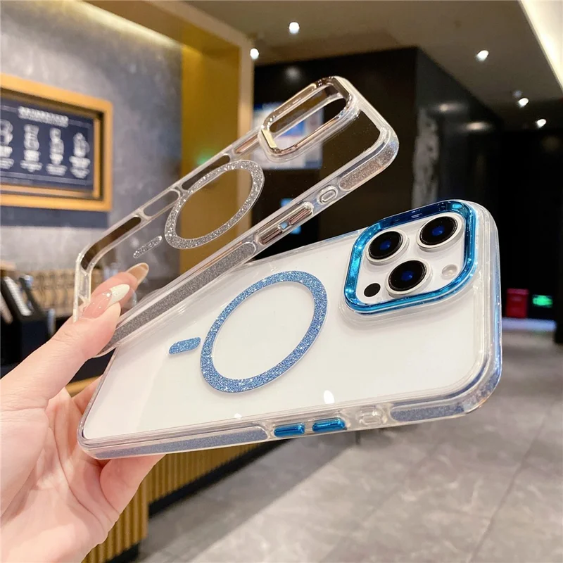 For iPhone 16 Pro Max Clear Case TPU + Acrylic Glitter Phone Cover Compatible with MagSafe - Blue