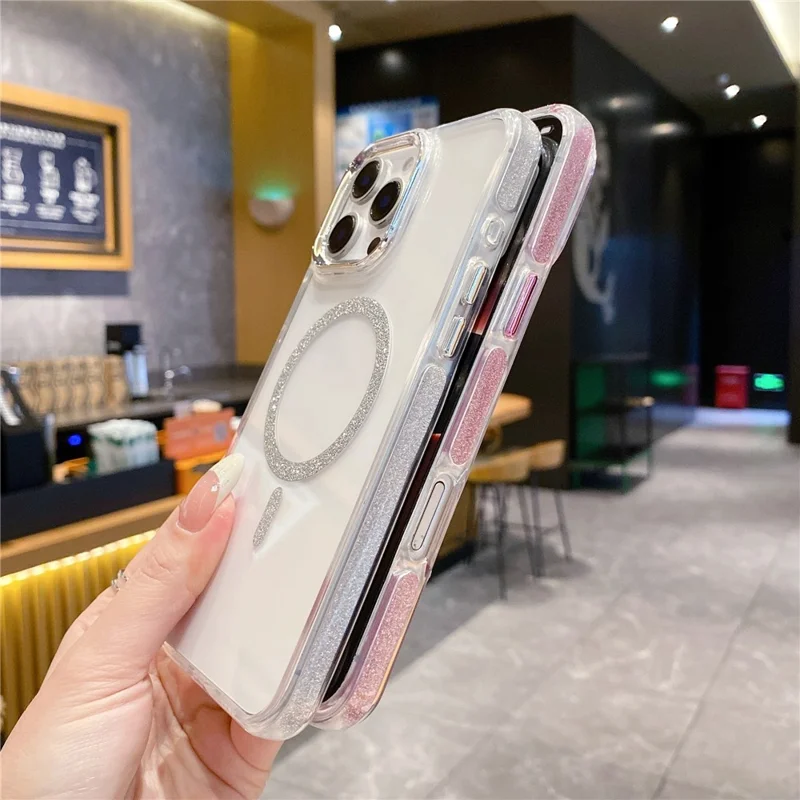 For iPhone 16 Pro Max Clear Case TPU + Acrylic Glitter Phone Cover Compatible with MagSafe - Blue