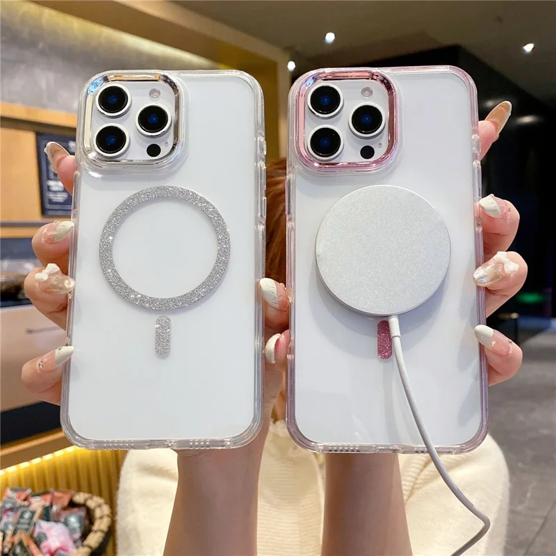 For iPhone 16 Pro Max Clear Case TPU + Acrylic Glitter Phone Cover Compatible with MagSafe - Purple