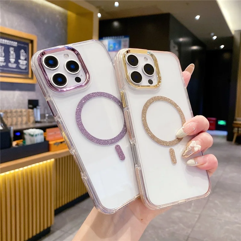 For iPhone 16 Pro Max Clear Case TPU + Acrylic Glitter Phone Cover Compatible with MagSafe - Purple