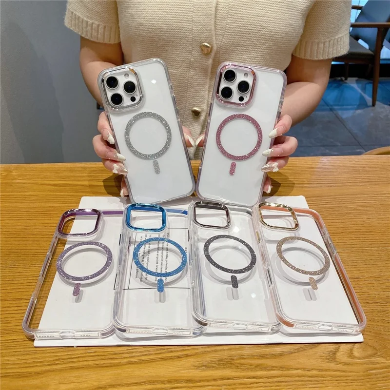 For iPhone 16 Pro Max Clear Case TPU + Acrylic Glitter Phone Cover Compatible with MagSafe - Purple