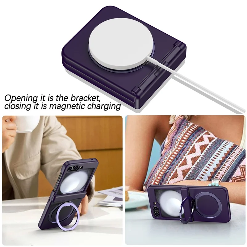 Capa para Samsung Galaxy Z Flip5 5G com Suporte Magnético e Dobradiça de Mola, Capa de Telefone Dobrável em PC - Roxo Escuro