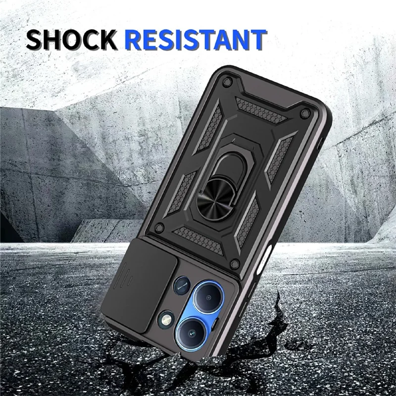 Pour Xiaomi Redmi 15C 5G / 4G (UE) (173 mm) Étui avec couvercle de caméra coulissante PC + Coque de téléphone avec support TPU - Noir