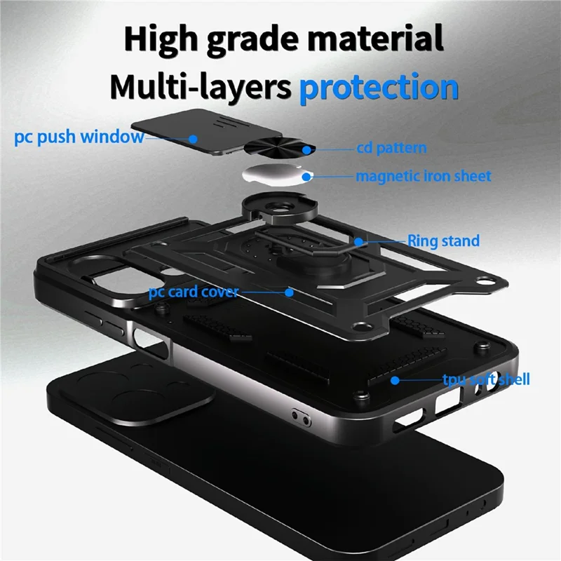 Pour Xiaomi Redmi 15C 5G / 4G (UE) (173 mm) Étui avec couvercle de caméra coulissante PC + Coque de téléphone avec support TPU - Noir