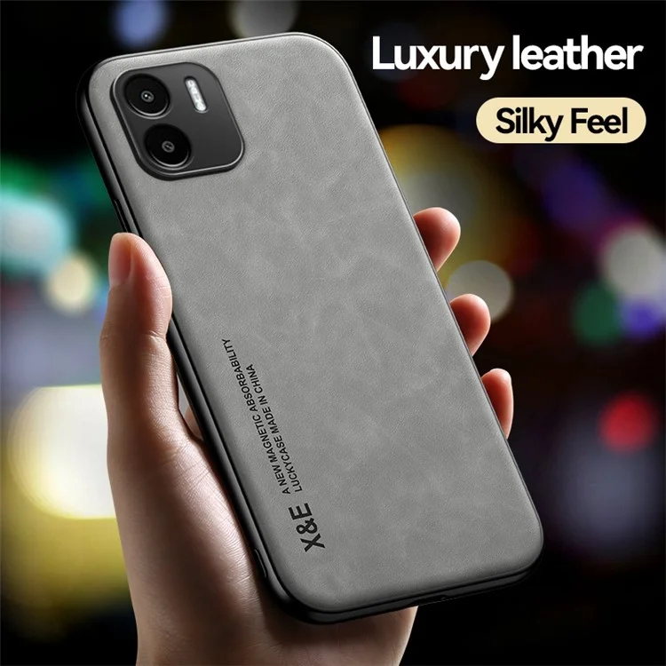 X&E Para Xiaomi Redmi A1 4G Skin-touch PU Cuero Tpu+pc Protectora Tapa Trasera Con Lámina de Metal de Montaje en Automóvil - Gris Claro