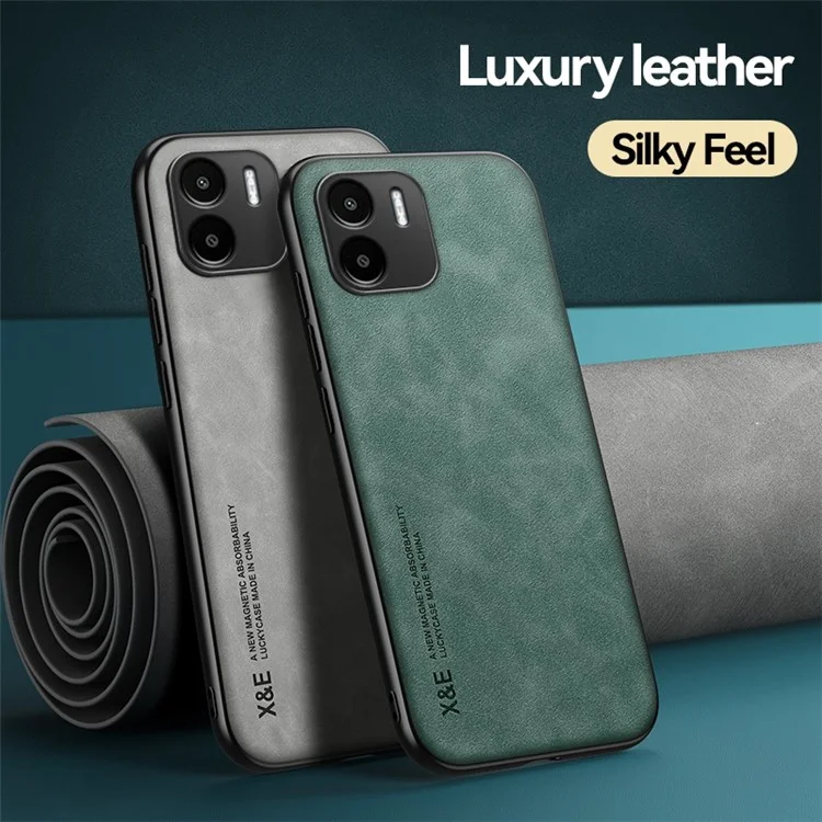 X&E Para Xiaomi Redmi A1 4G Skin-touch PU Cuero Tpu+pc Protectora Tapa Trasera Con Lámina de Metal de Montaje en Automóvil - Gris Claro