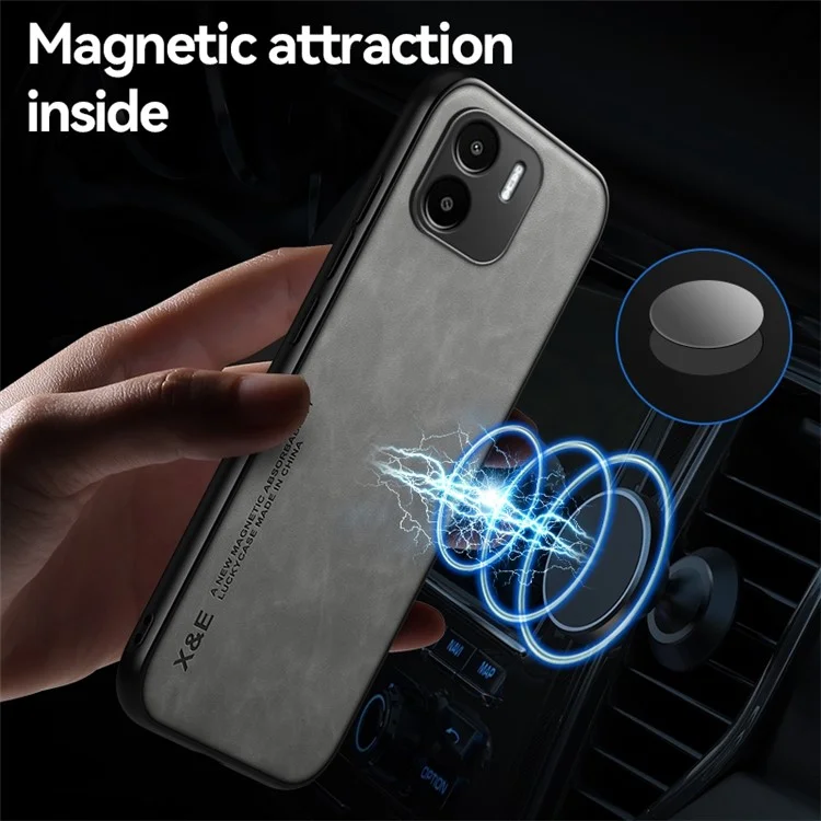 X&E For Xiaomi Redmi A1 4G / A2 4G Skin-touch PU Leather Coated TPU+PC Protective Back Cover with Car Mount Metal Sheet - Light Grey