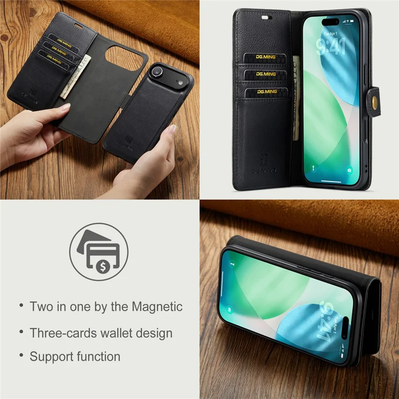 DG.MING para iPhone 17 Capa de Ar Destacável em Couro Dividido - Preto