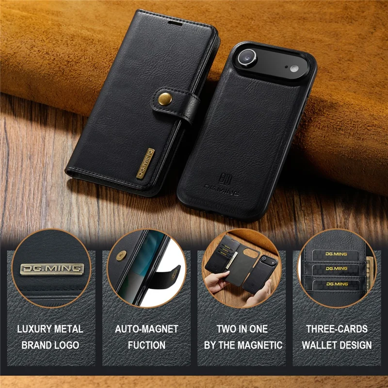DG.MING para iPhone 17 Capa de Ar Destacável em Couro Dividido - Preto