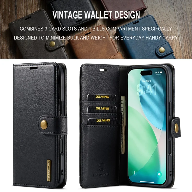 DG.MING para iPhone 17 Capa de Ar Destacável em Couro Dividido - Preto