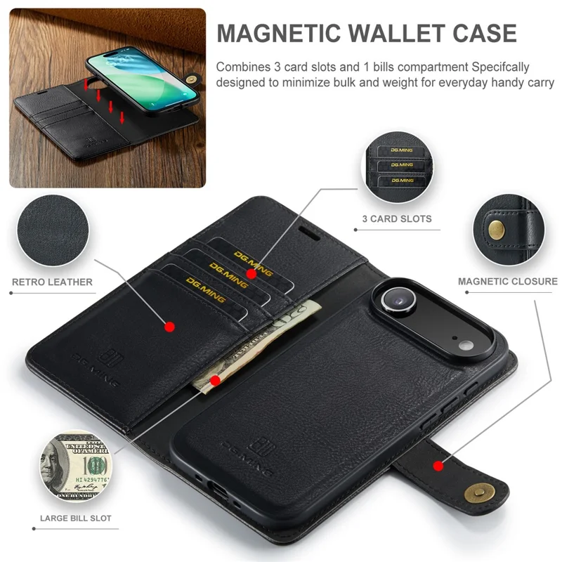 DG.MING para iPhone 17 Capa de Ar Destacável em Couro Dividido - Preto
