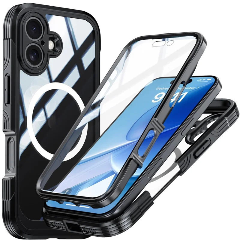 For iPhone 17 Magnetic Case PC + TPU Phone Cover with Tempered Glass Screen Film - Black