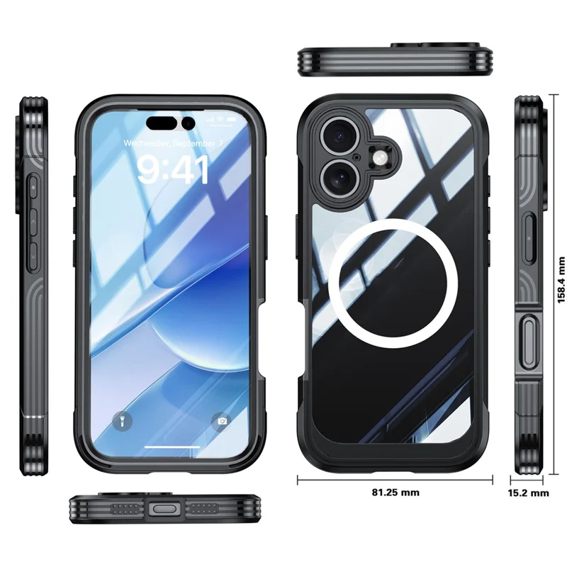 For iPhone 17 Magnetic Case PC + TPU Phone Cover with Tempered Glass Screen Film - Black