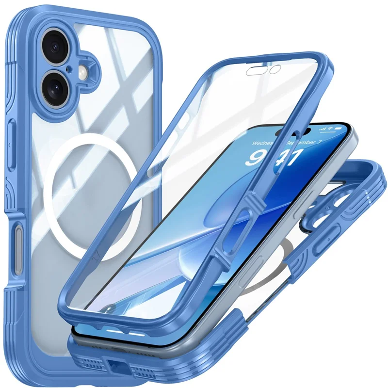 For iPhone 17 Magnetic Case PC + TPU Phone Cover with Tempered Glass Screen Film - Sky Blue