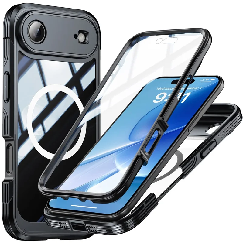 For iPhone 17 Air Magnetic Case PC + TPU Phone Cover with Tempered Glass Screen Film - Black
