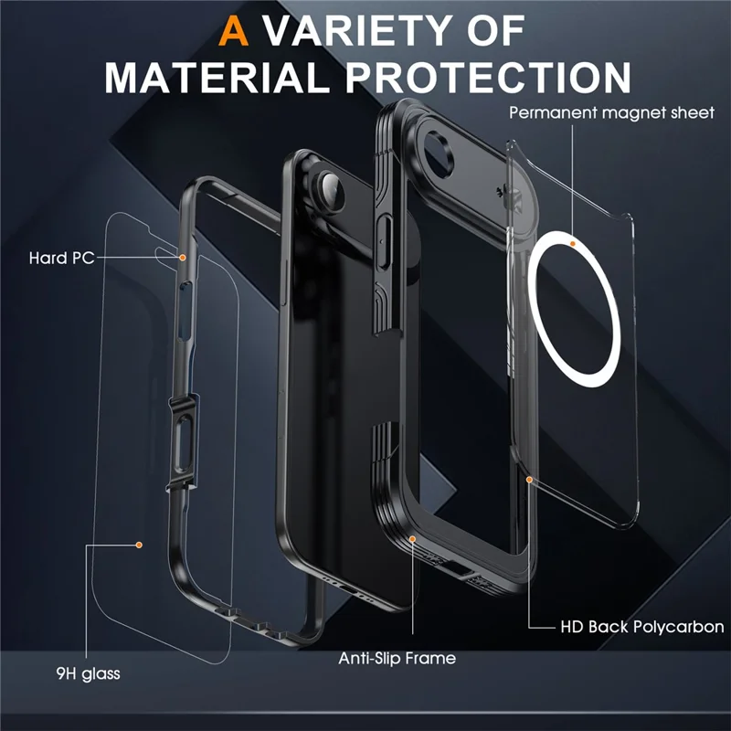 For iPhone 17 Air Magnetic Case PC + TPU Phone Cover with Tempered Glass Screen Film - Black