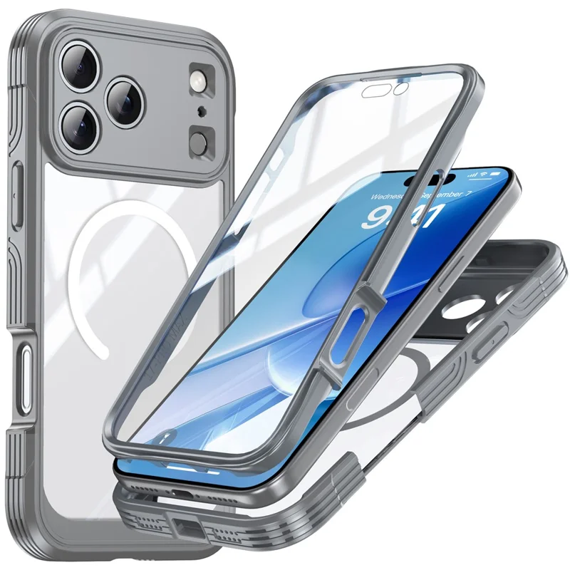 Pour iPhone 17 Pro Étui Magnétique PC + TPU avec Film de Protection d'Écran en Verre Trempé - Gris