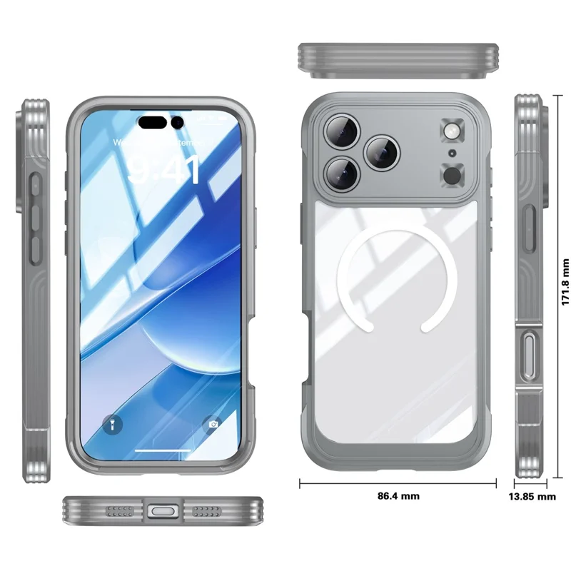 Pour iPhone 17 Pro Étui Magnétique PC + TPU avec Film de Protection d'Écran en Verre Trempé - Gris