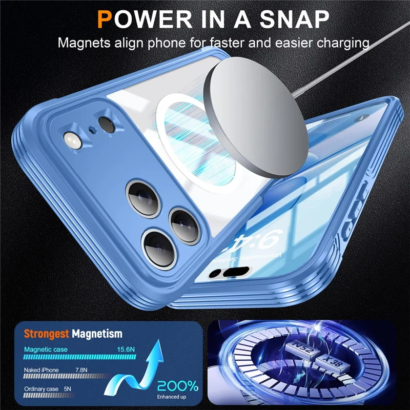 For iPhone 17 Pro Max Case Compatible with MagSafe PC + TPU Phone Cover with Tempered Glass Screen Film - Sky Blue