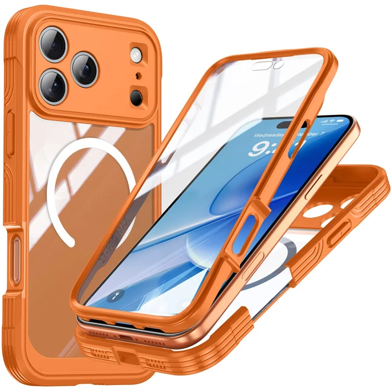 For iPhone 17 Pro Max Case Compatible with MagSafe PC + TPU Phone Cover with Tempered Glass Screen Film - Orange