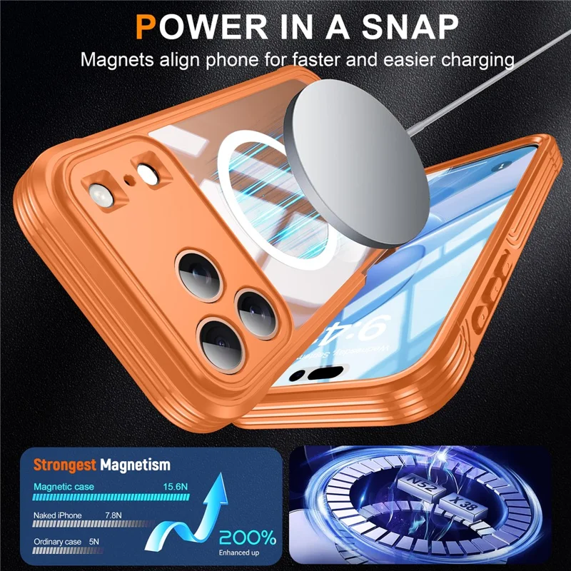 For iPhone 17 Pro Max Case Compatible with MagSafe PC + TPU Phone Cover with Tempered Glass Screen Film - Orange
