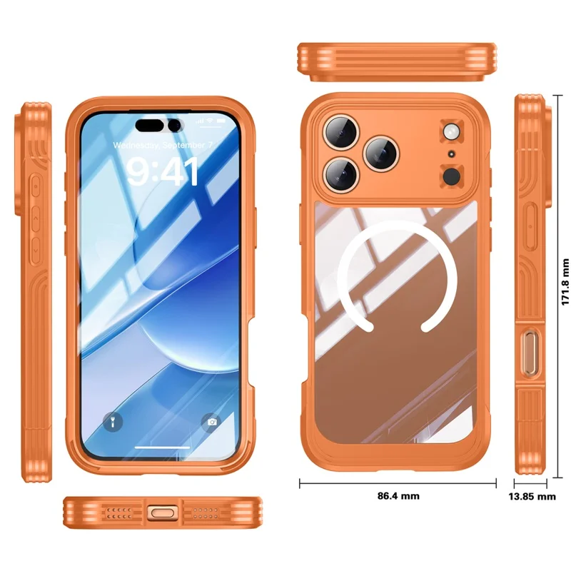 For iPhone 17 Pro Max Case Compatible with MagSafe PC + TPU Phone Cover with Tempered Glass Screen Film - Orange