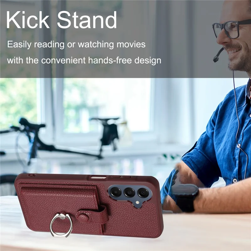 For Samsung Galaxy A17 5G / A17 4G / A26 5G Case with Ring Kickstand Drawing Type Card Slots Leather Back Cover - Wine Red