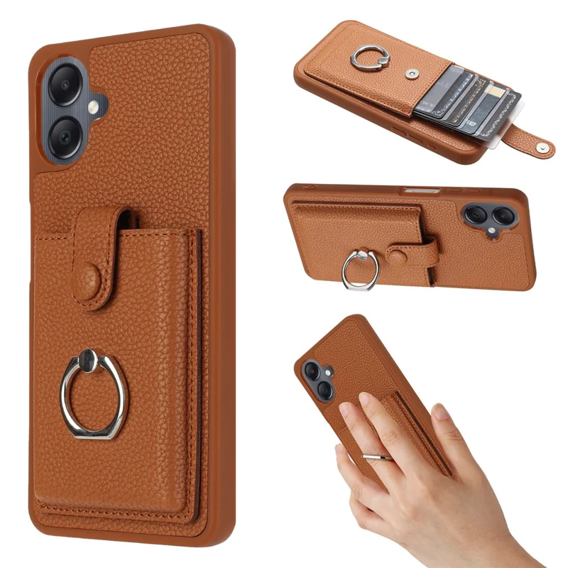 For Samsung Galaxy A07 4G / A06 4G / 5G Case with Ring Kickstand Drawing Type Card Slots Leather Back Cover - Brown