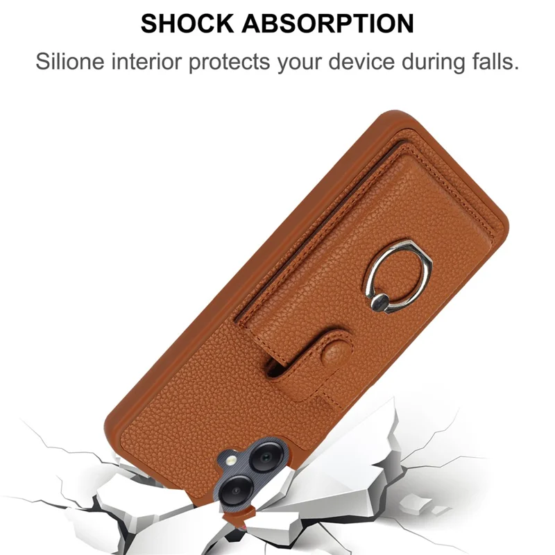 For Samsung Galaxy A07 4G / A06 4G / 5G Case with Ring Kickstand Drawing Type Card Slots Leather Back Cover - Brown