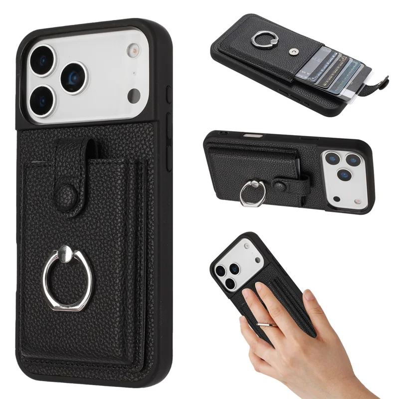 For iPhone 17 Pro Max Case with Ring Kickstand Drawing Type Card Slots Leather Back Cover - Black